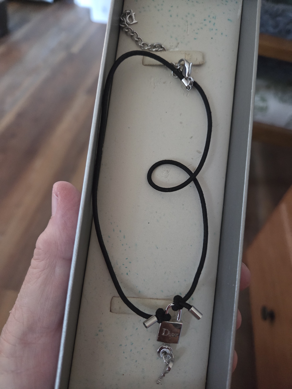 Dior Black Cord Necklace with Silver Padlock and Key Charms